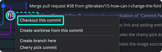 Right-clicking a commit to checkout