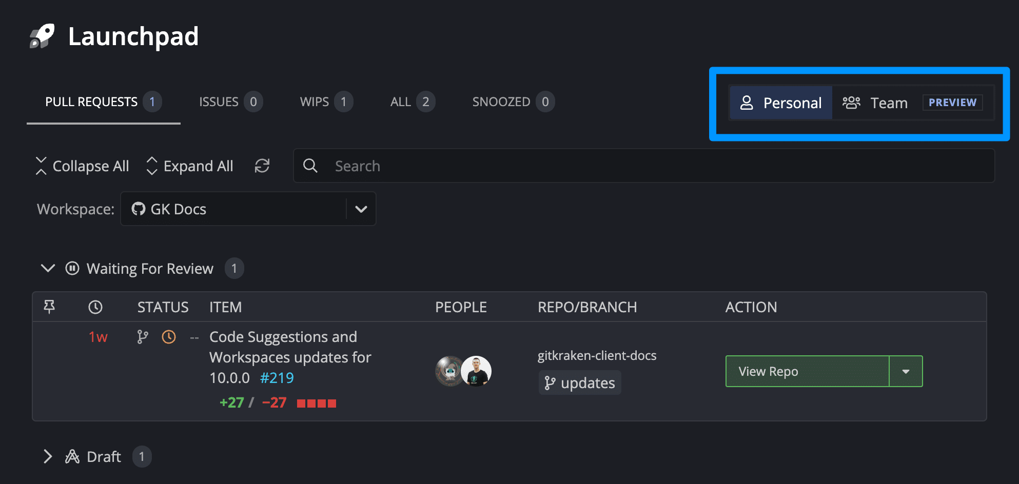 Personal and Team View options