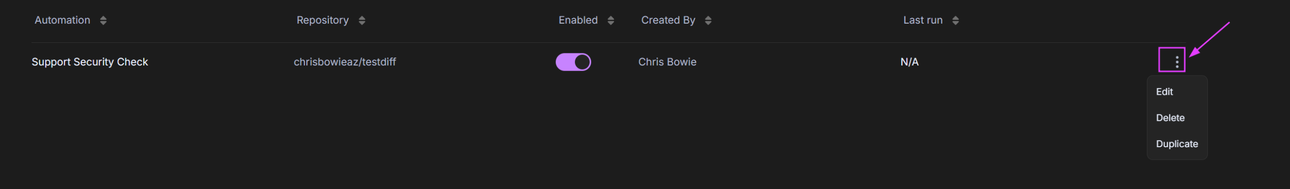 Automation options menu