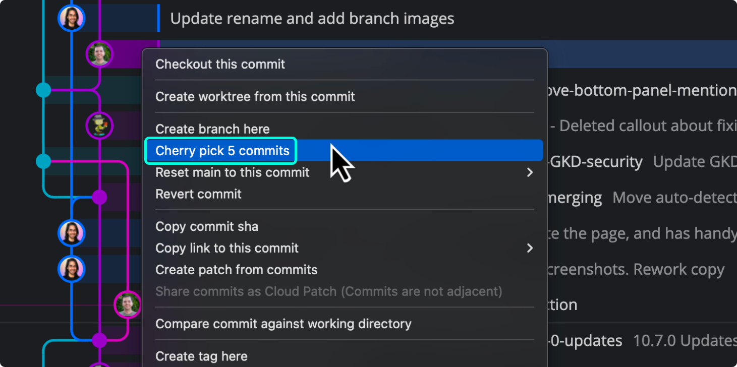 Multi-commit cherry pick menu in GitKraken
