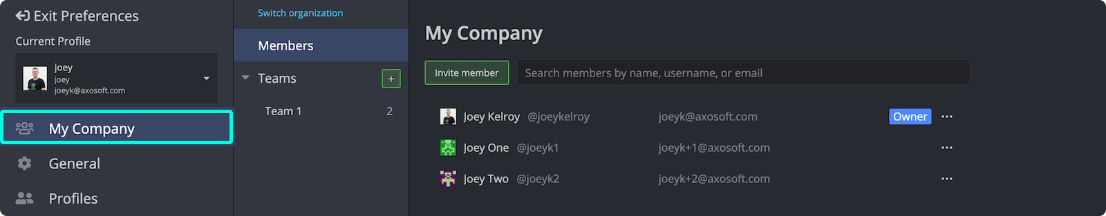 Select organization from preferences